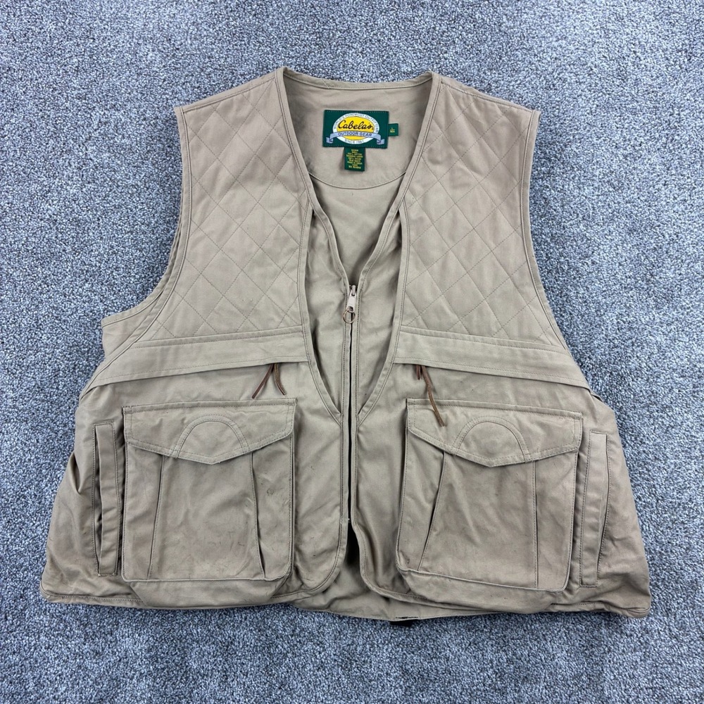 Vintage Cabela's Fishing Hunting Vest Mens L Beige Multi Pocket Utility Outdoors